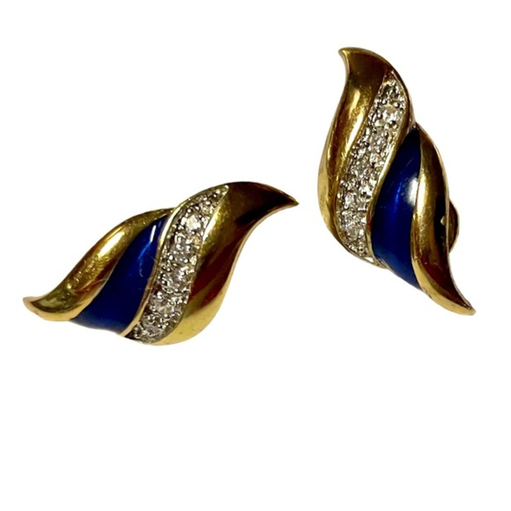 Gold overlay navy Blue enamel it Tiny row of Cubic Zirconia These are Clip ON